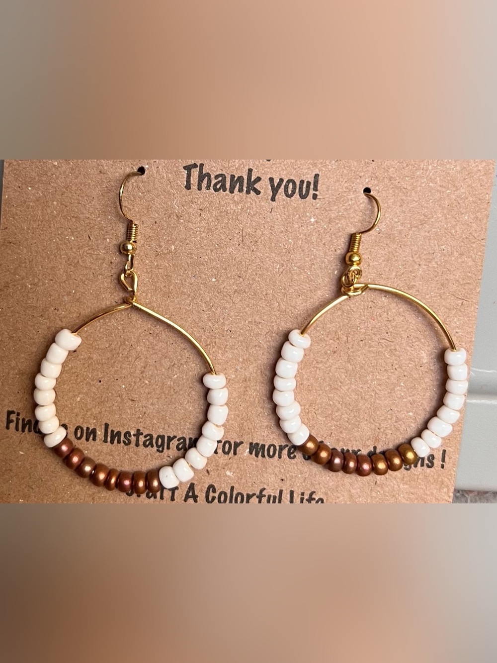 Beaded Hoop Earrings White & Brown